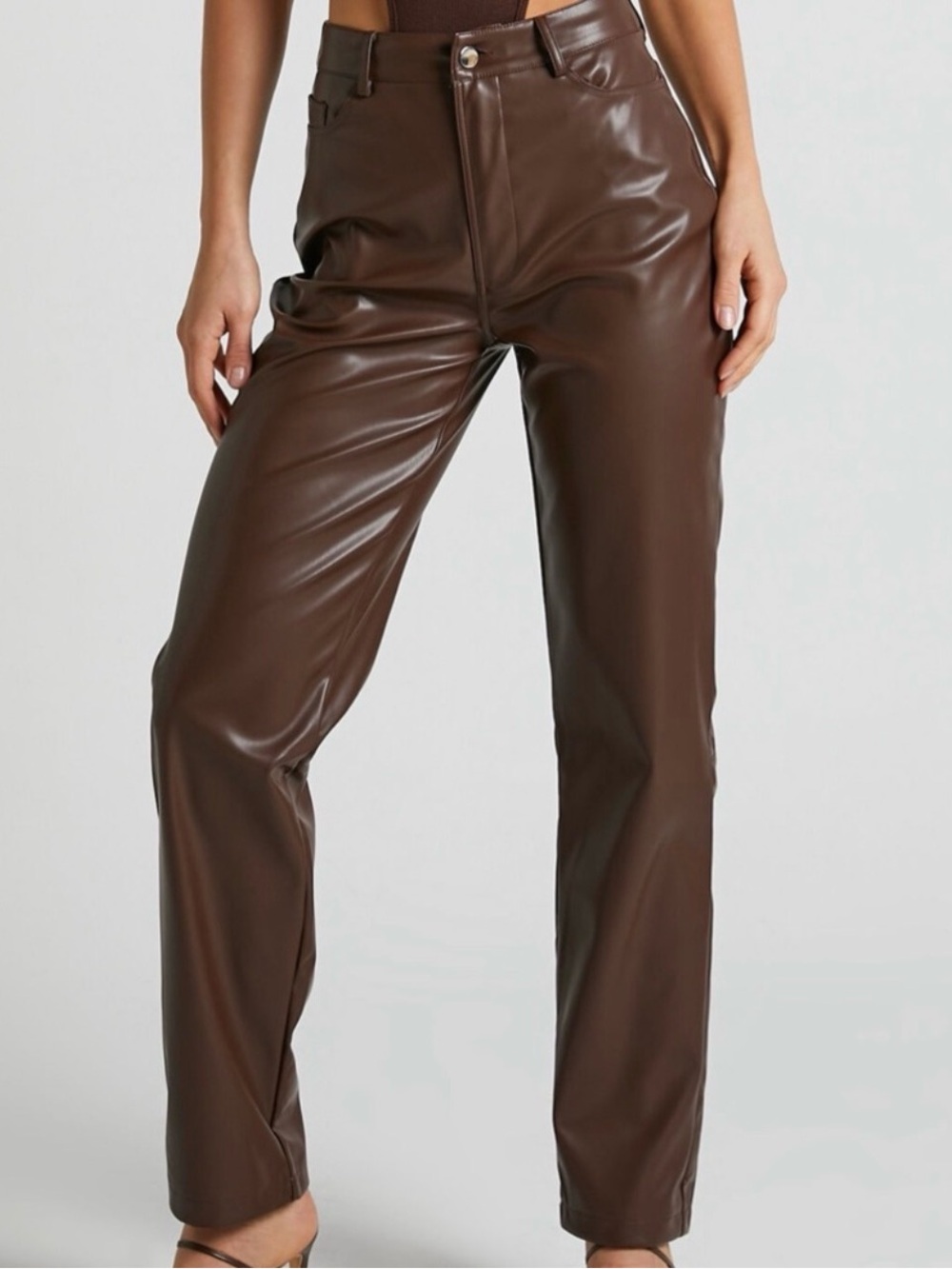 Showpo NEW Dilyenne Chocolate Brown Faux Leather Pants Straight Leg Fall Size 6